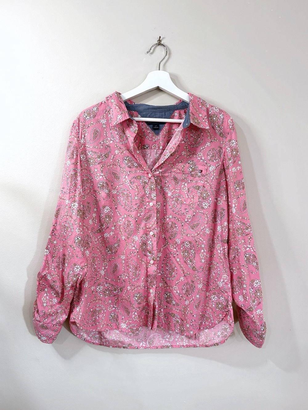 Tommy Hilfiger Pink Floral Paisley Cotton Shirt Women L  NWOT Preppy Cottagecore